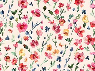 Vibrant Watercolor Floral Pattern with Delicate Blossoms and Leafy Accents 