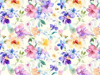 Vibrant Watercolor Floral Pattern with Delicate Blossoms and Leafy Accents 