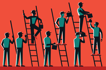 A series of silhouetted workers stand on ladders, each facing sideways, emphasizing repetition and uniformity, while conveying themes of consistency and effort
