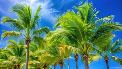 Obraz premium Vibrant green Assai palm fronds with delicate, lacy patterns and slim stems sway gently in the breeze, set against a bright, cloudless blue sky.