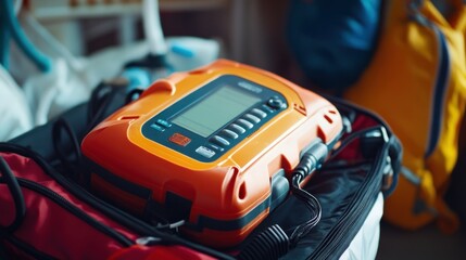 Orange Defibrillator in a Black Bag
