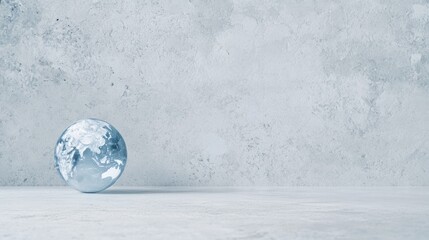 A translucent globe displays an Asian map with soft blue hues, set against a clean white backdrop in a minimalist design, ideal for modern decor