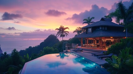 A beautiful holiday home on the beach. Green surroundings, palm trees, sunshine, everything you need for a relaxing/luxurious vacation. AI generated image.