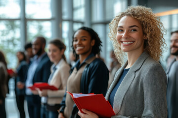 Business professionals interacting and laughing during a lively corporate event
