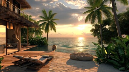 A beautiful holiday home on the beach. Green surroundings, palm trees, sunshine, everything you need for a relaxing/luxurious vacation. AI generated image.