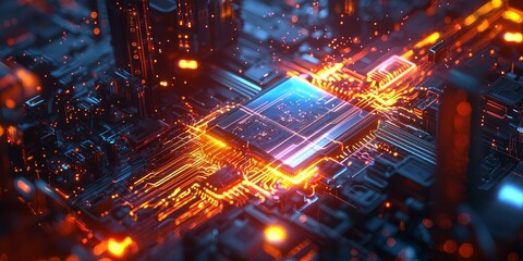 Obraz premium A quantum computer with laser beams crossing through a highly complex circuit board, with glowing particles and a futuristic, clean design.