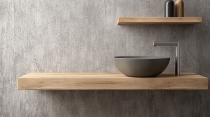 A sleek bathroom interior features a wooden shelf above a stylish sink, showcasing modern design elements in a minimalist environment