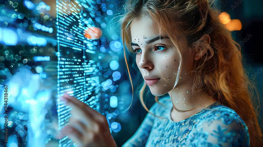 Poster close-up of a woman looking at a futuristic digital interface with glowing graphics and data on a bl