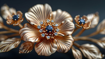 Fototapeta premium Golden Flower Brooch with Blue Sapphires and Diamonds - 3D Illustration