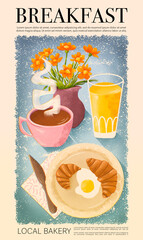 Vintage Breakfast illustration poster print. Wall art aesthetic Food and drinks print brunch card, croissants egg on plate coffee orange juice and flowers in vase retro colourful Cafe bar sign kitchen