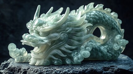Jade Dragon Sculpture, Intricate Carving, Green Stone