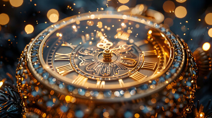Fototapeta premium Golden Clock Face with Roman Numerals, Closeup 3D Illustration