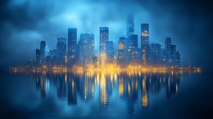 Obraz premium A serene view of an illuminated city skyline at night, with skyscrapers casting golden reflections on the calm waters below amidst a misty atmosphere.