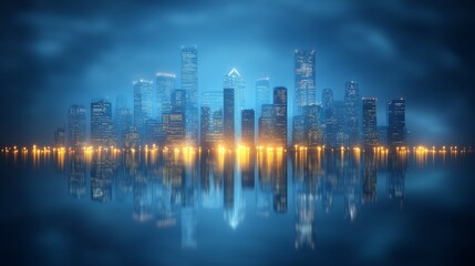 Fototapeta premium A serene view of an illuminated city skyline at night, with skyscrapers casting golden reflections on the calm waters below amidst a misty atmosphere.