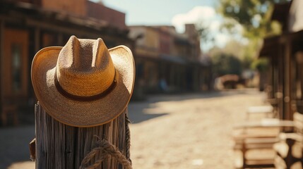 Cowboy hat hung on a hitching post, dusty street of an old town
