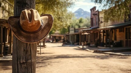 Cowboy hat hung on a hitching post, dusty street of an old town