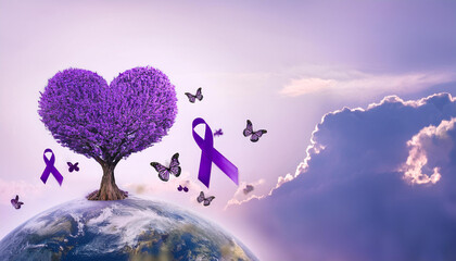 Lavender purple ribbon all kind of cancer awareness on heart tree with butterfly on Earth planet. Alzheimer's disease, Pancreatic cancer, Hodgkin's Lymphoma awareness. World Lupus Day and world cancer