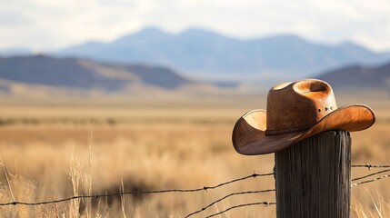 Cowboy hat resting on a fence post, desert landscape in the background