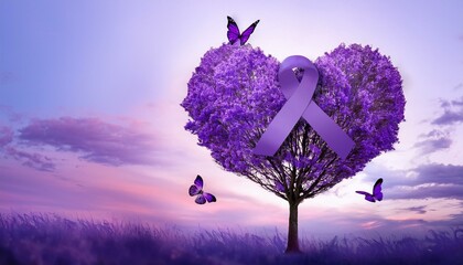 Lavender purple ribbon all kind of cancer awareness on heart tree with butterfly on Earth planet. Alzheimer's disease, Pancreatic cancer, Hodgkin's Lymphoma awareness. World Lupus Day and world cancer
