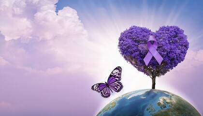 Lavender purple ribbon all kind of cancer awareness on heart tree with butterfly on Earth planet. Alzheimer's disease, Pancreatic cancer, Hodgkin's Lymphoma awareness. World Lupus Day and world cancer