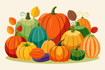 Various pumpkin illustrations showcasing multiple colors and sizes, perfect for autumnal and harvest themes
