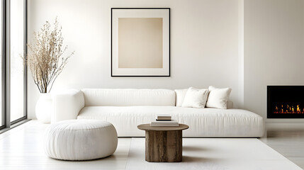 Pouf and side table near white sofa against fireplace and white wall with poster frame. Minimalist interior design of modern living room, home.