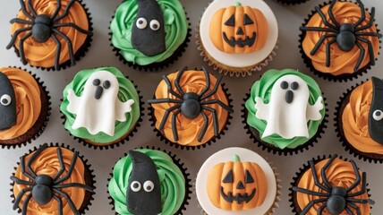 Fototapeta premium A row of Halloween cupcakes with spooky decorations