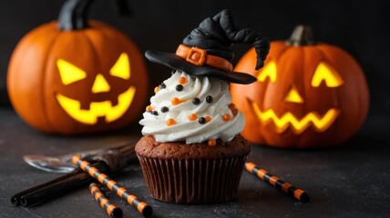 A cupcake with a witch's hat on top of it is surrounded by orange