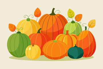 Various pumpkin illustrations showcasing multiple colors and sizes, perfect for autumnal and harvest themes
