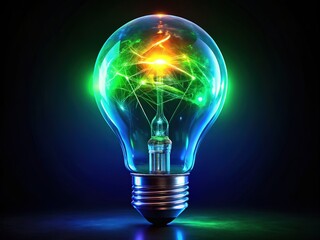 Vibrant neon-lit lightbulb radiates electric blue and green hues, suspended in darkness, emitting a mesmerizing glow, symbolizing innovative ideas and creative energy.