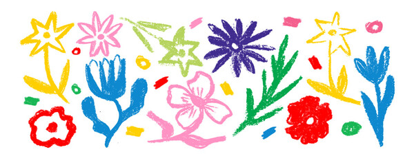 Collection with hand drawn  colorful flowers and leaves. Charcoal drawing flowers,  leaves and small branches. Flower silhouettes painted with charcoal, artistic botanical ornament.