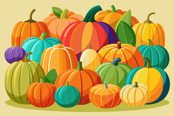 Various pumpkin illustrations showcasing multiple colors and sizes, perfect for autumnal and harvest themes
