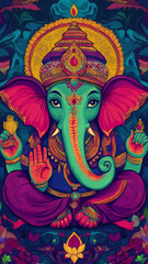 Lord Ganesha poster, fine art print, religious poster india, vibrant colors, handdrawn cartoon style, indian cartoon stylePatron of intellectuals, bankers, scribers, authors, sciences, wisdom.Also kno