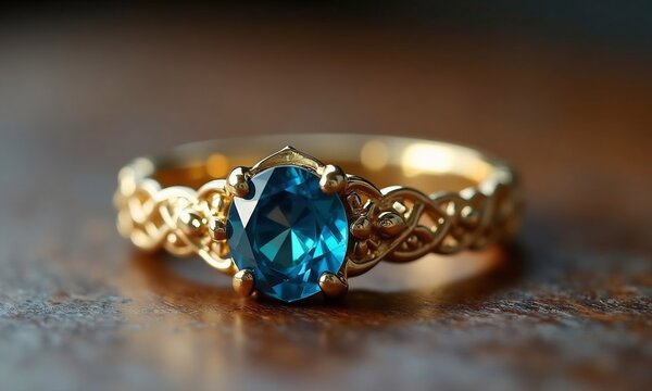 Shiny gold wedding ring with blue stone generated by 
