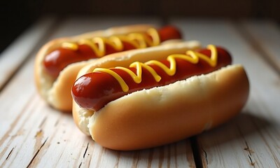 Classic hot dog with ketchup and mustard sauce on white wooden table
