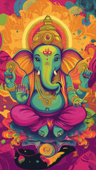 Lord Ganesha poster, fine art print, religious poster india, vibrant colors, handdrawn cartoon style, indian cartoon stylePatron of intellectuals, bankers, scribers, authors, sciences, wisdom.Also kno