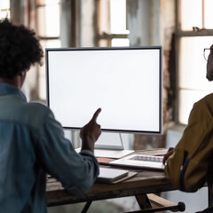Two people are sitting at a desk with a computer monitor in front of them