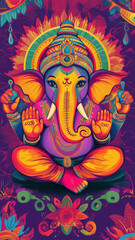 Lord Ganesha poster, fine art print, religious poster india, vibrant colors, handdrawn cartoon style, indian cartoon stylePatron of intellectuals, bankers, scribers, authors, sciences, wisdom.Also kno