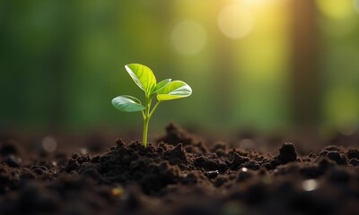 Fototapeta premium New life sprouts from seedling in dirt 