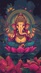 Obraz premium Lord Ganesha poster, fine art print, religious poster india, vibrant colors, handdrawn cartoon style, indian cartoon stylePatron of intellectuals, bankers, scribers, authors, sciences, wisdom.Also kno