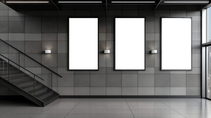 A large empty room with three white posters on the wall Mockups, Transparent PNG