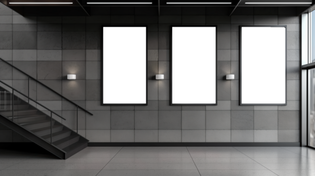 A large empty room with three white posters on the wall Mockups, Transparent PNG