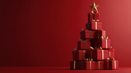 Christmas tree made of gift boxes on red background, 3d render, a pile of presents with gold bows...