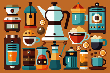 A detailed illustration featuring various coffee brewing tools and cups, illustrating the different devices and accessories used to prepare and enjoy coffee drinks.
