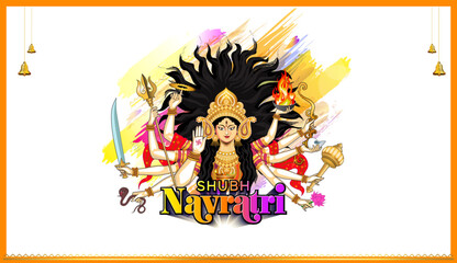Vector illustration of Durga Puja and Happy navratri festival. Indian hindu goddess durga worship background.