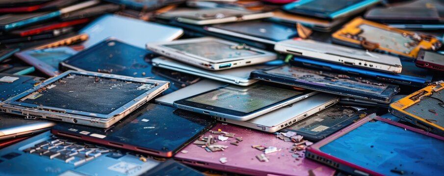 A pile of old, discarded electronic devices in a stack.