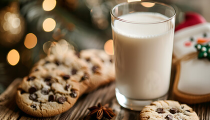 close up view of glass of milk with cookies on wooden table over Christmas background