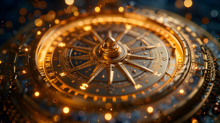 Golden Compass with Bokeh Lights 3D Illustration