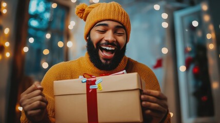 Excited person unboxing a package with Cyber Monday stickers, special offers,