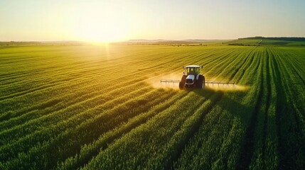 Aerial view of a tractor spraying in verdant wheat fields under a bright light, demonstrating contemporary farming techniques